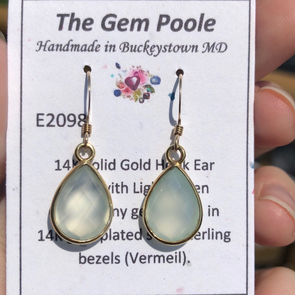 14k Gold, Green Chalcedony Tear Drop Earrings